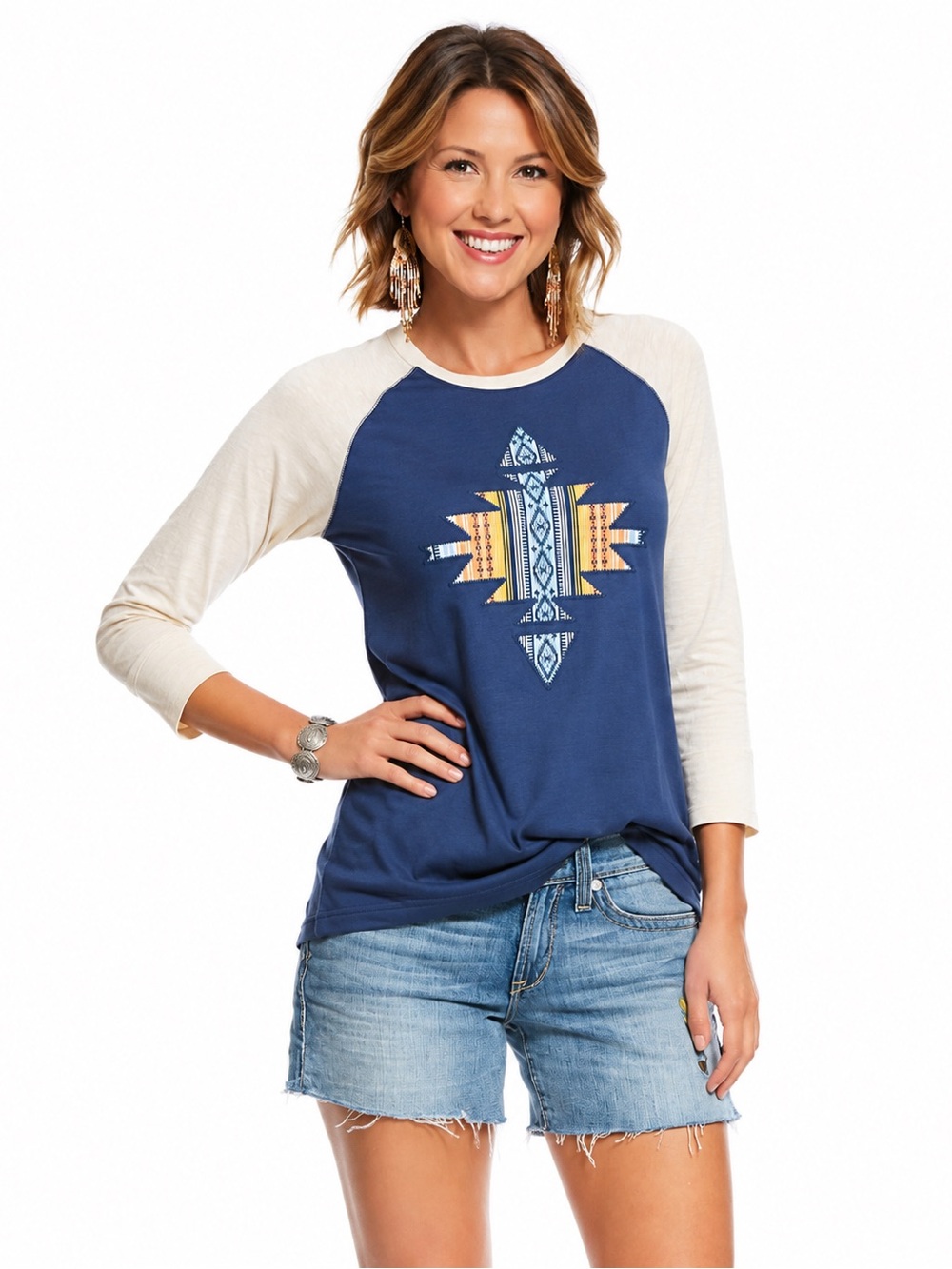 Ariat Aztec Raglan 3/4 Sleeve Tee Blue Cream Women Size XXL